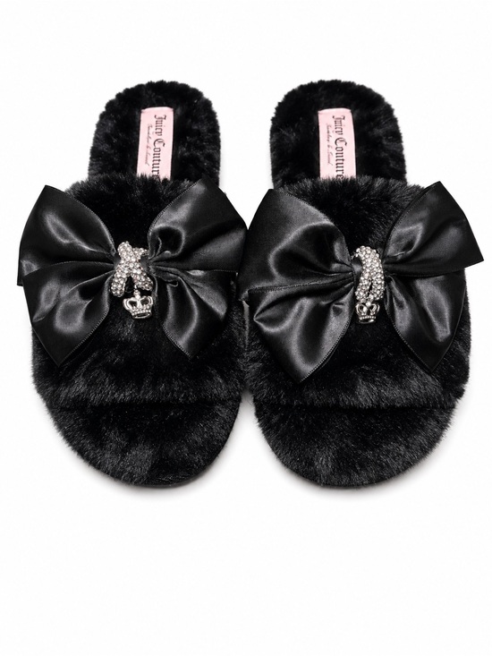 Juicy Couture Shoes - Juicy Couture Black Faux Fur Bow Slide Slippers with Rhinestone Crown